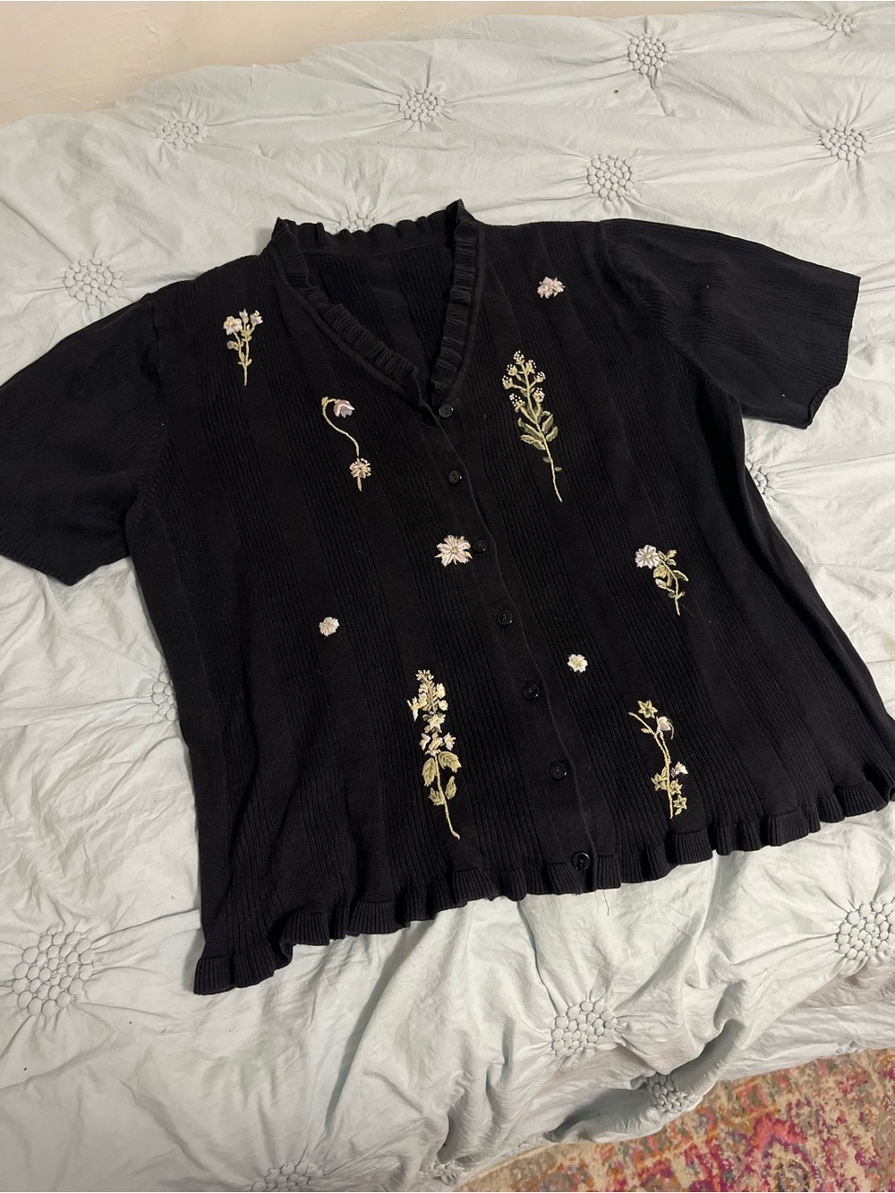 Black Floral Embroidered Button-Front Women’s Top